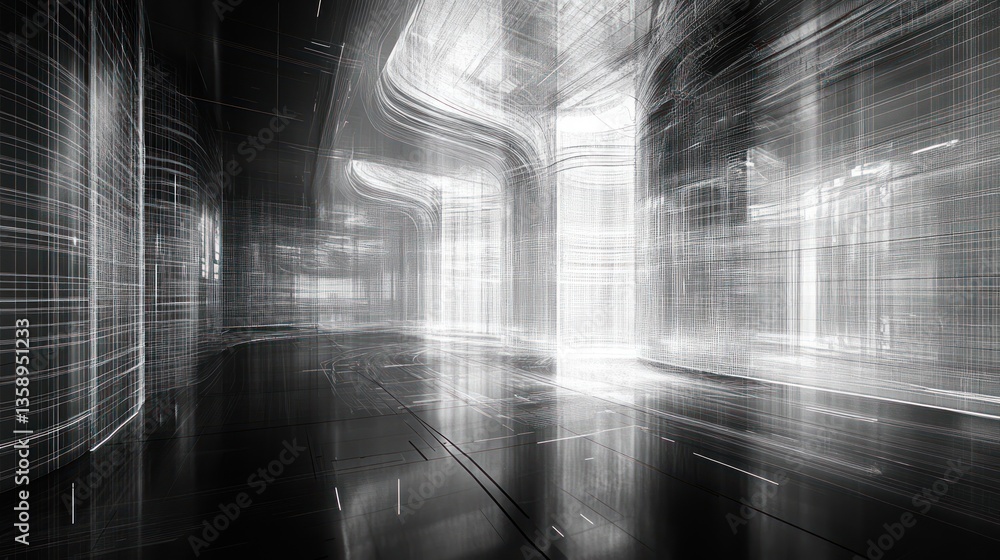 Poster futuristic abstract architecture with luminous lines creating a tunnel effect in a monochrome render