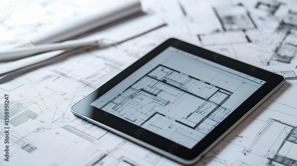 Poster close-up of tablet displaying building plans on blueprint background