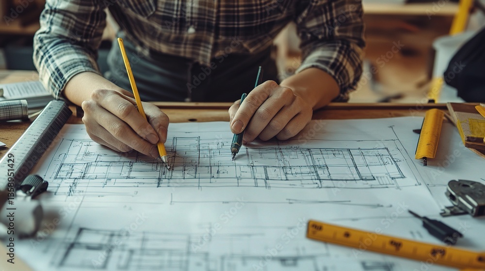Poster detailed architectural blueprints and tools for precision drafting