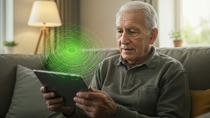 Elderly caucasian man using tablet in living room with digital overlay, Bright, soft lighting creates a relaxed atmosphere, Telemedicine, technology and intergenerational connections,