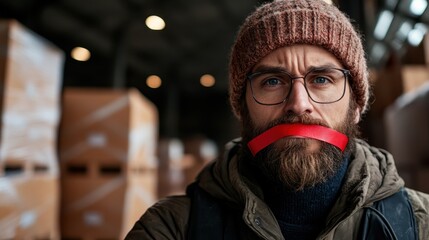 A thoughtful man with glasses and a beanie ponders in a warehouse, red tape across his mouth symbolizing silence or restraint amidst storage boxes.