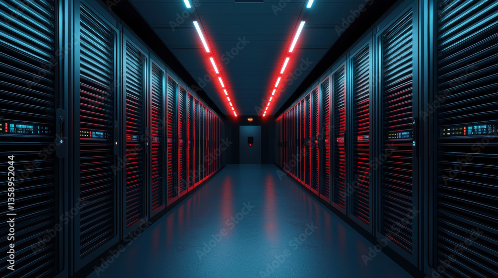 Poster cloud base file storage futuristic data center with red and blue lighting creates high tech atmosphe