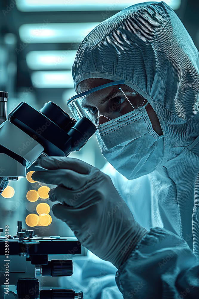Aufkleber focused scientist cleanroom examines sample microscope, wearing protective gear including mask and g