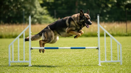 Active German Shepherd jumps over agility hurdle outdoors on green lawn, Sunny, determination, athletic agility, coordination, training, determination, competition, pet ownership concepts,