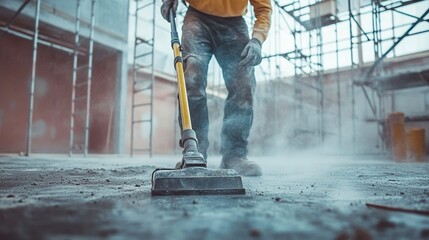A construction worker handling an industrial vacuum, the nozzle efficiently sucking up dust and small debris from the floor, with scaffolding visible in the background 22a8