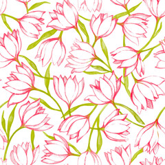 Spring layered white flowers and green leaves Delicate floral seamless pattern in minimalist style