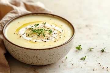 Creamy parsnip soup in a speckled bowl with thyme and olive oil drizzle. Use it to showcase healthy eating, food blogs, or cooking-related materials.