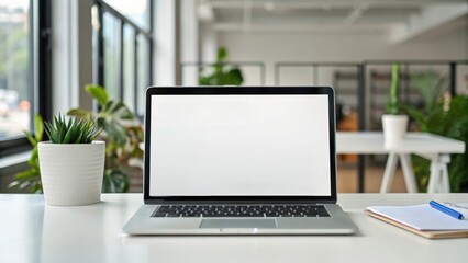 Fototapeta premium A modern workspace featuring a laptop, potted plant, and notepad, emphasizing a clean and productive environment.