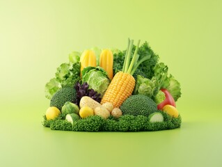 Assorted tropical fruits and vegetables placed on light green background showcasing fresh organic produce vibrant colors and natural variety for healthy nutrition and agriculture concept isolated