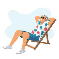 Young man wearing eye glass and hat  sitting in lounge deck chair at the beach and relaxing. Vector