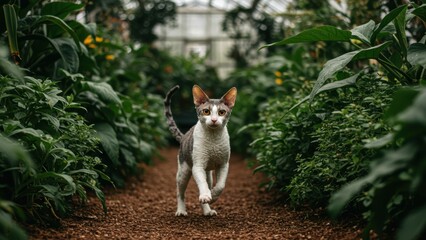 Obraz premium Running Cornish Rex cat in lush greenhouse, The feline is gray and white, The botanical garden is full of green foliage, creating natural, warm-toned image,