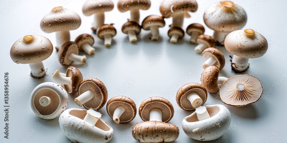 Poster fresh mushrooms arranged in a circular pattern on a white surface showcasing different varieties and