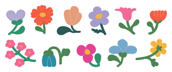 Collection of spring colorful flower elements vector. Set floral of wildflower, leaf branch, foliage on white background. Hand drawn blossom illustration for decor, easter, thanksgiving, clipart.