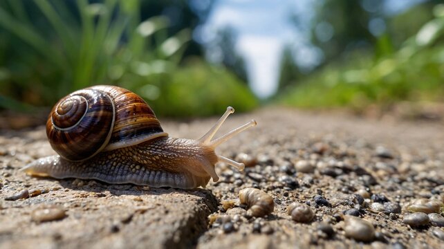 A close-up view of a well-defined land snail crawling on a textured path under a bright blue sky. - Powered by Adobe
