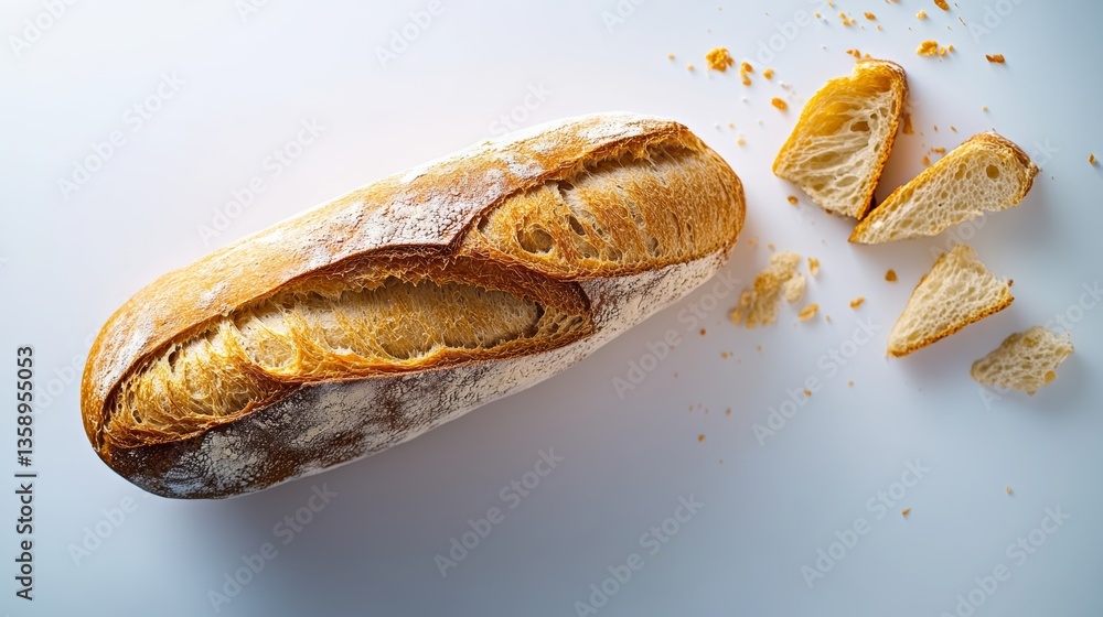 Poster loaf of bread with a slice missing. the bread is toasted and has a crust. the slice missing is on th