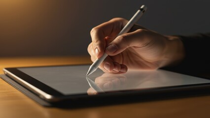 Close up shot features a fair-skinned hand using a digital pen on a tablet, Warm lighting enhances focus on technology, creativity, and digital art concepts,
