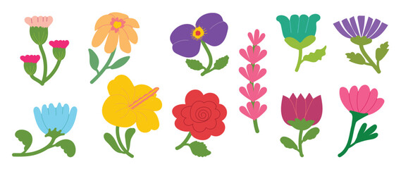 Collection of spring colorful flower elements vector. Set floral of wildflower, leaf branch, foliage on white background. Hand drawn blossom illustration for decor, easter, thanksgiving, clipart.