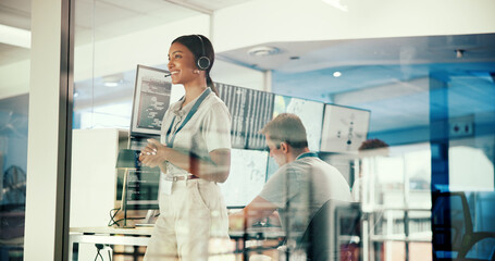 Thinking, woman and meteorologist by window in office with headset for broadcast with news. Ideas,...