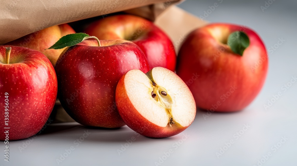 Poster bag of apples with one apple cut in half. the apples are red and shiny. the bag is brown and the app