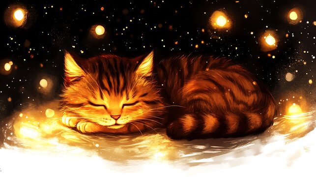 Sleeping tabby cat amidst glowing lights.