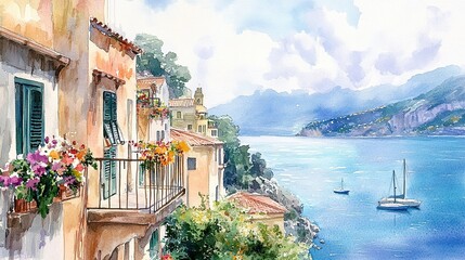 Fototapeta premium A delicate watercolor scene of an Italian village, soft pastel tones, floral balconies overlooking the azure sea, isolated on a white background 