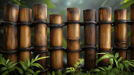 Bamboo wood texture creates natural and eco friendly atmosphere, surrounded by lush green foliage, perfect for enhancing any outdoor or tropical setting