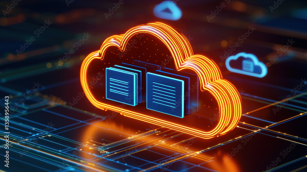 Poster cloud base file storage holographic cloud storage concept with floating digital files, glowing lines