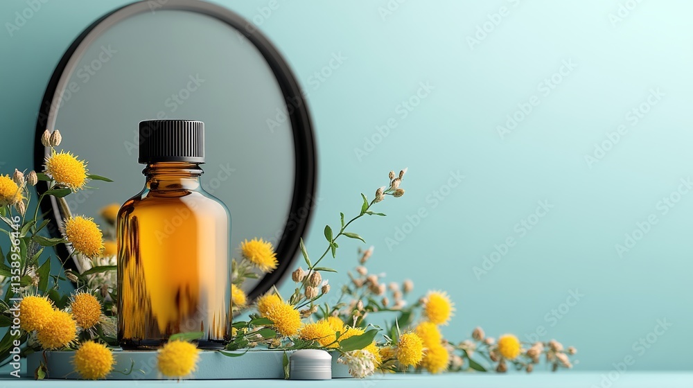 Poster bottle of essential oil is displayed on a table next to a mirror. the bottle is brown and has a blac