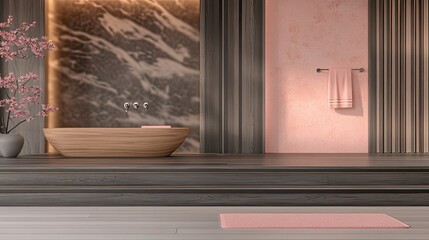 Fototapeta premium Serene Minimalist Bathroom Design: Wooden Bathtub, Pink Accents, and Tranquil Atmosphere