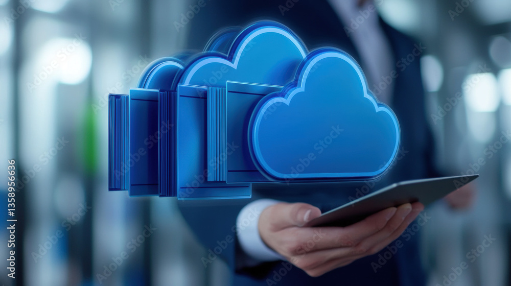 Poster cloud base file storage holographic cloud storage concept with floating digital icons in business se