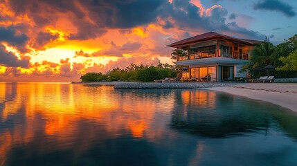 Fototapeta premium Luxurious beachfront villa at sunset reflecting on tranquil waters, a tropical paradise
