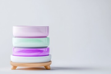 Stacked pastel-colored bowls on a wooden stand