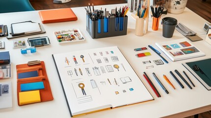 A table with a book and a bunch of pens and pencils