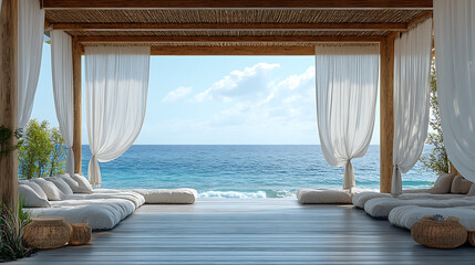 Fototapeta premium Serene Seaside Retreat: This inviting space offers a tranquil escape, inviting you to relax and soak in the beauty of the ocean views, creating a haven of peace and serenity.