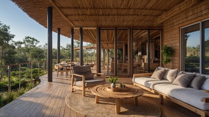 Stunning modern outdoor living area featuring a natural decor with cozy seating and a serene view.