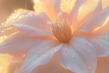Obraz premium The soft petals of a wildflower, with morning dew resting on each one. The warm sunlight highlights the gentle curves of the petals and the delicate pistil at the center.