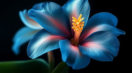 Blue flower with a yellow center. The flower is surrounded by green leaves. The flower is in a black background