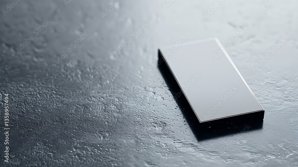 Poster rectangular object resting on a textured dark reflective surface
