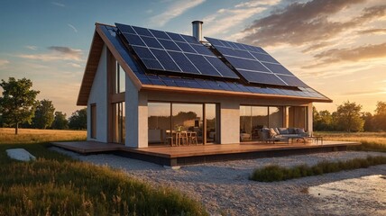 Obraz premium Modern home with solar panels reflecting the warm glow of sunset, surrounded by a serene landscape.