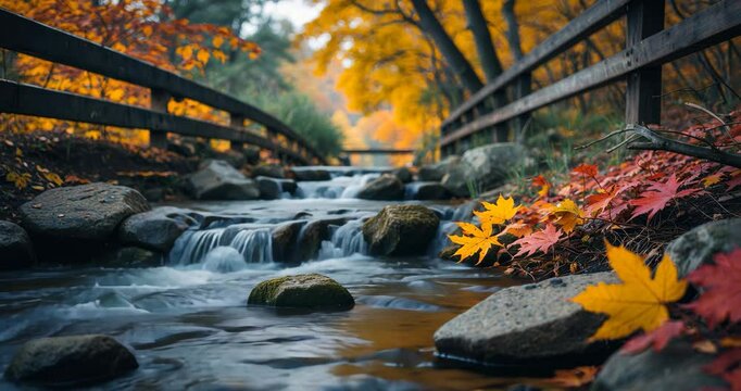 Close-up of a small stream meandering beneath a walking bridge, encircled by vibrant leaves. Ideal for nature photography, serene outdoor scenes, and landscape content.