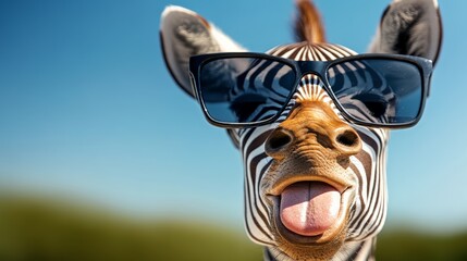 Obraz premium Zebra wearing sunglasses and a goofy grin. The zebra's tongue is sticking out, adding to the playful and humorous atmosphere of the image