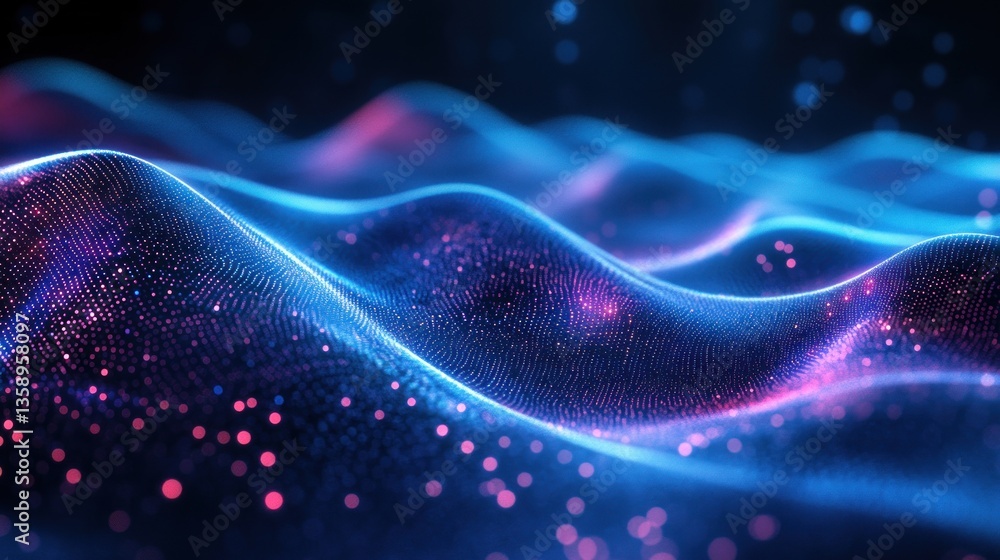 Poster undulating surface of digital particles a captivating display of glowing blue and magenta lights rep