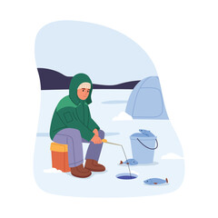 Vector illustration of winter fishing. Cartoon scene of a boy sitting on a lake covered with ice, wearing warm clothes, fishing in a shell, a bucket full of fish, isolated on a white background.