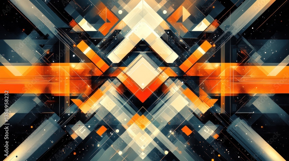 Poster geometric composition with angled lines and sharp edges showcasing vibrant orange and ethereal glowi