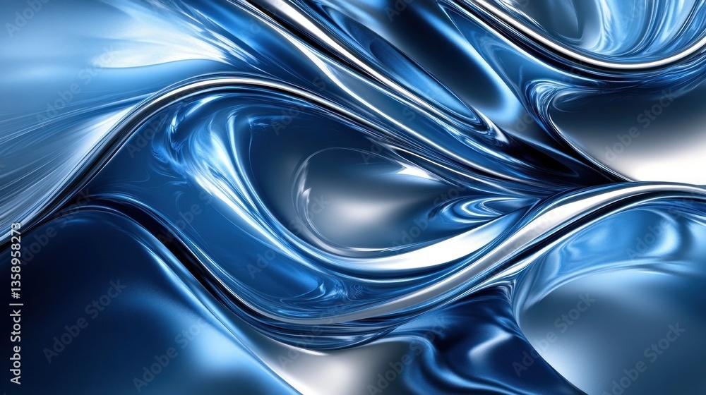 Poster abstract fluid metal flow in shades of cerulean and argent creating dynamic curves and reflections w