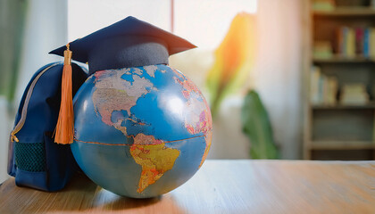 Graduation cap on a globe with a casual backpack representing international education and student mobility  
