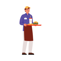 Fototapeta premium Vector illustration of a waiter in a fast food restaurant. Cartoon scene of a smiling guy in an apron, cap, holding a tray with fast food: paper cup of juice,fries,burger isolated on white background.