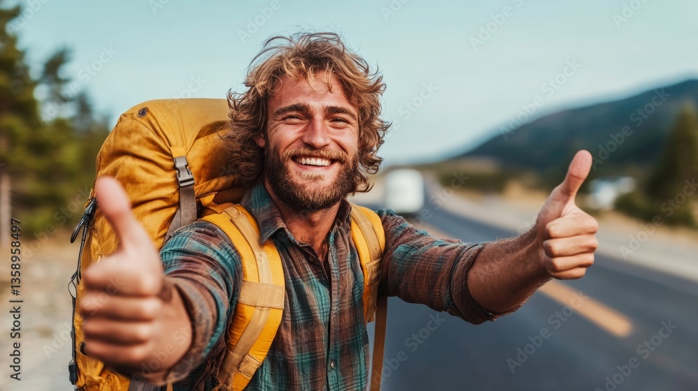 Poster man with a backpack is giving thumbs up on a road. he is smiling and he is happy