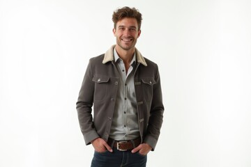 Fototapeta premium Half-Length (Waist-Up) portrait of young stylish smiling New Zealander male model in western wear isolated on pure white background looking at camera