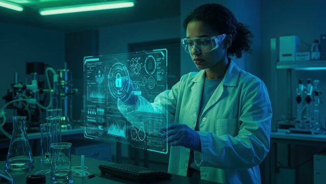 Young African American female scientist in a lab coat and safety glasses using futuristic digital interface, surrounded by lab equipment, Focus on science and technology,